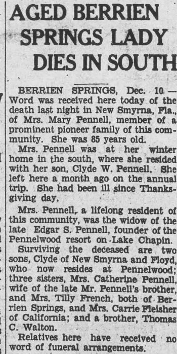 Pennellwood Resort - Dec 1923 Former Owner Passes Away